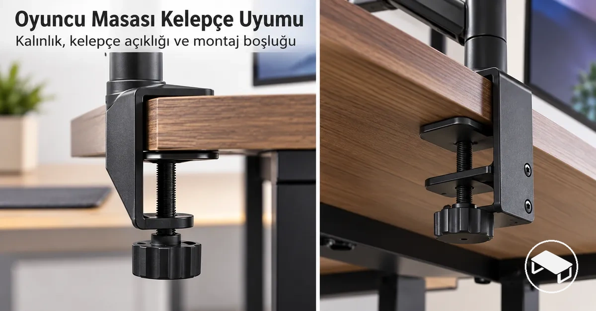 Oyuncu masası kenarına takılan kelepçede tabla kalınlığı, kelepçe açıklığı ve tabla altındaki montaj boşluğu
