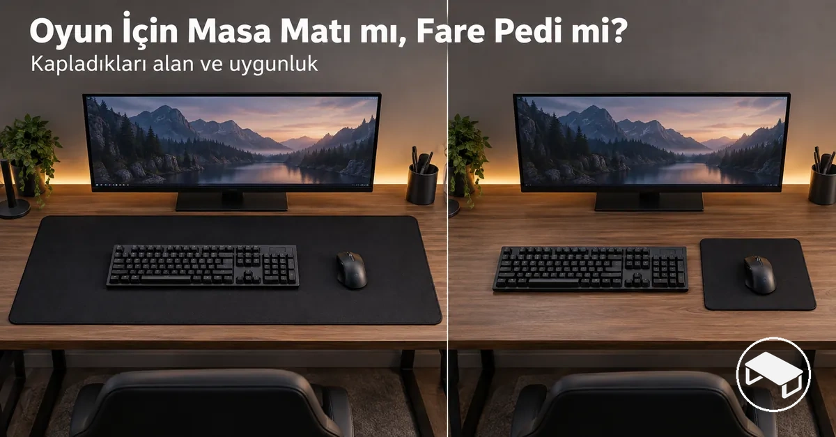 Kapladıkları alanı karşılaştırmak için yan yana yerleştirilmiş büyük oyun masa matı ve daha küçük oyun fare pedi