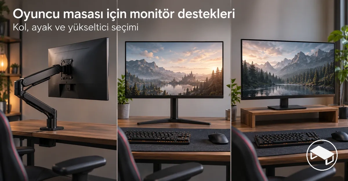 Oyuncu masasında ayarlanabilir monitör kolu, masaüstü monitör ayağı ve monitör yükselticisi seçenekleri