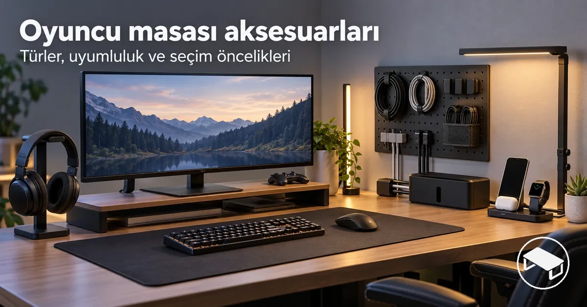 Monitör desteği, masa matı, kablo düzenleyiciler, kulaklık askısı, aydınlatma ve şarj aksesuarları bulunan oyuncu masası
